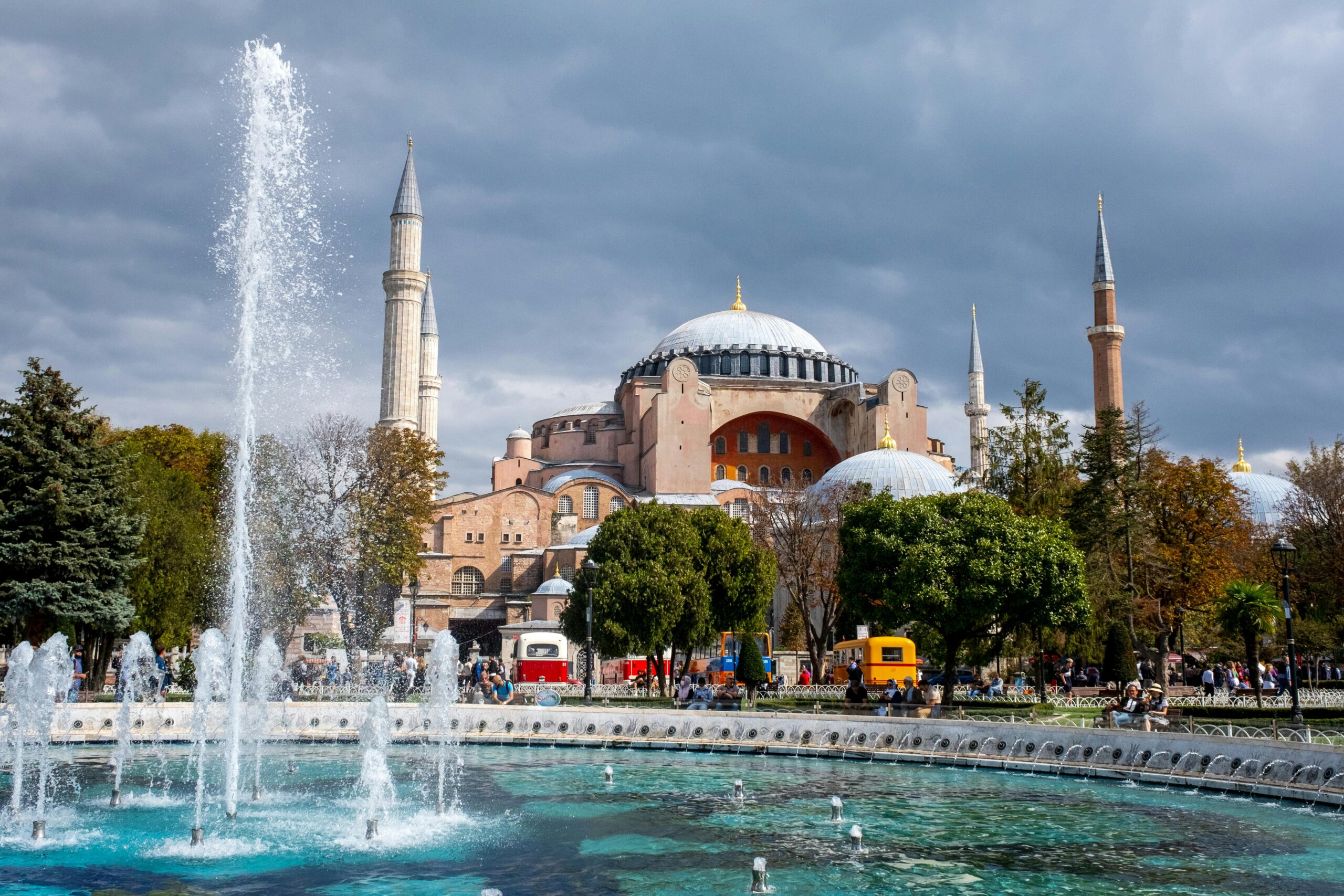 Scenic view of Hagia Sophia Grand Mosque and fountain in Istanbul, Turkey
